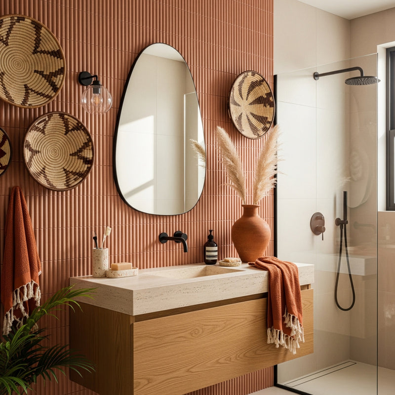 New Afrohemian Decor Obsession Unlocked: Pink Tile Bathroom