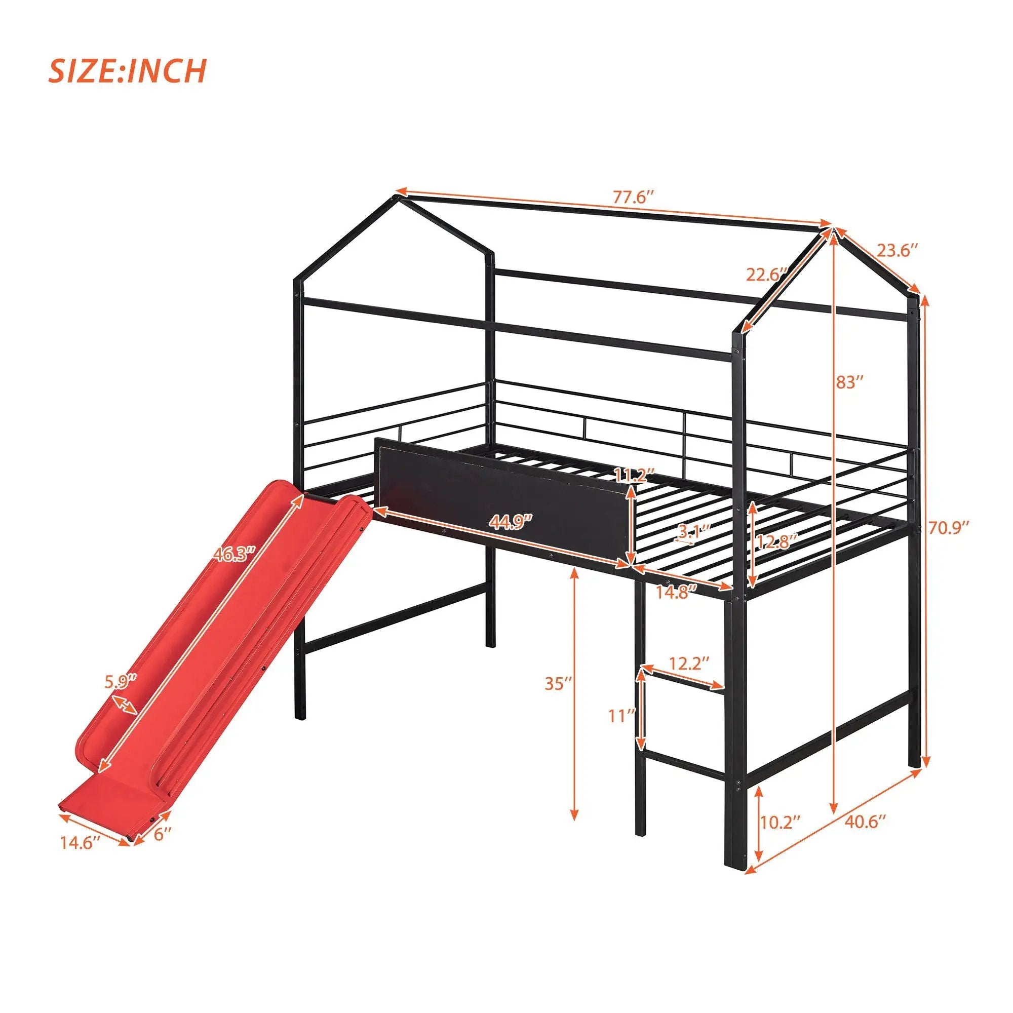 Twin Metal Loft Bed With Slide And 2 Sided Writable Wooden Board - Black by HouseOfZazla