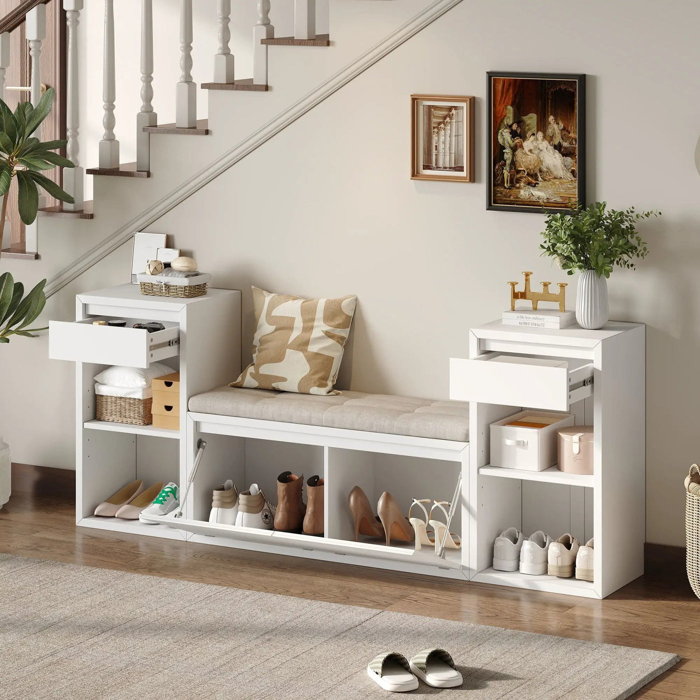 Entryway Storage Bench With Cushion, Drawers & Open Shelves by HouseOfZazla
