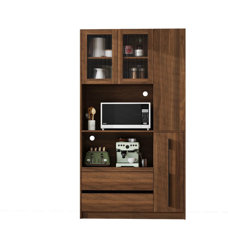 Tall Kitchen Pantry Cabinet With 4 Tier Side Shelf, 2 Drawers, Freestanding Food Hutch With Microwave Stand For Dining Room - Walnut by HouseOfZazla