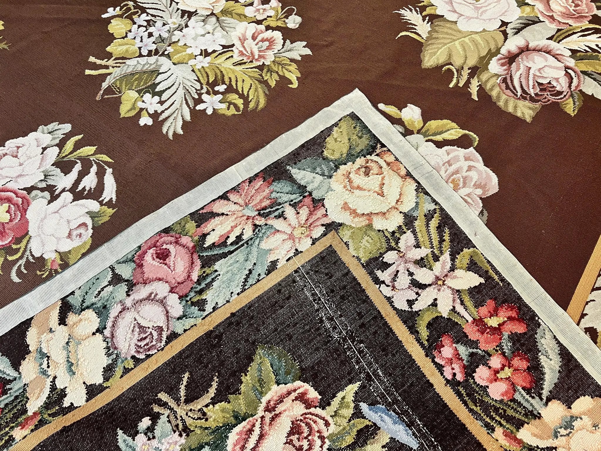 Vintage Needlepoint Rug 9x12, Large Handmade Hand-woven Needlepoint Carpet, Brown Area Rug, Floral Bouquets, Wool Rug, European Design by Jewel Rugs