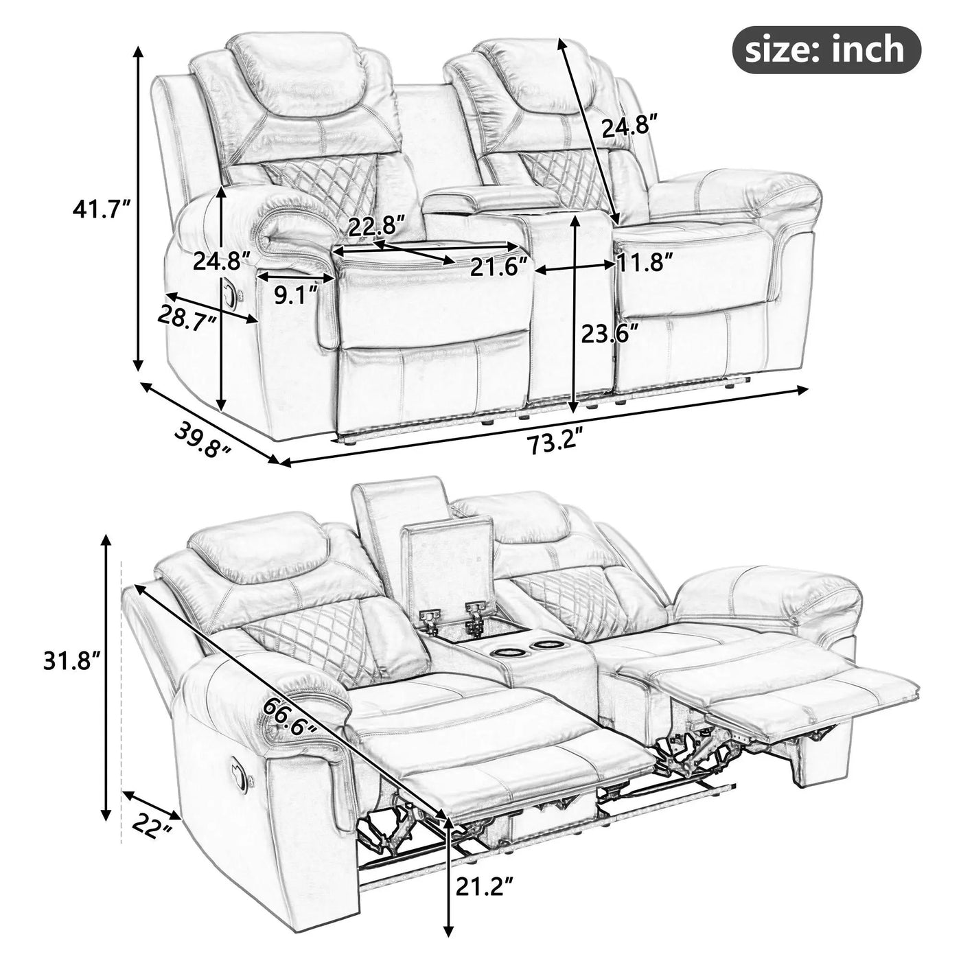 3 Pieces Recliner Sofa Sets Home Theater Seating Manual Recliner Chair With Center Console And LED Light Strip For Living Room by Unique Piece Furniture