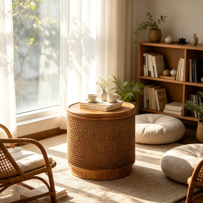 Round Rattan Coffee Table with Lift-Off Lid Storage by HouseOfZazla