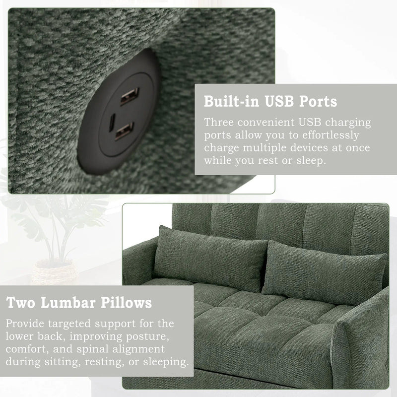 Loveseat Sofa Pull-Out Bed With Adjustable Backrest, 3 USB Ports And 2 Lumbar Pillows For Living Room by HouseOfZazla