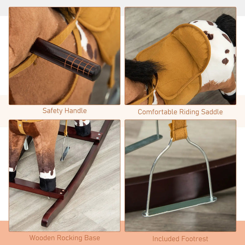 Qaba - Kids Metal Plush Ride-On Rocking Horse Chair Toy With Realistic Sounds - Dark Brown / White by Unique Piece Furniture