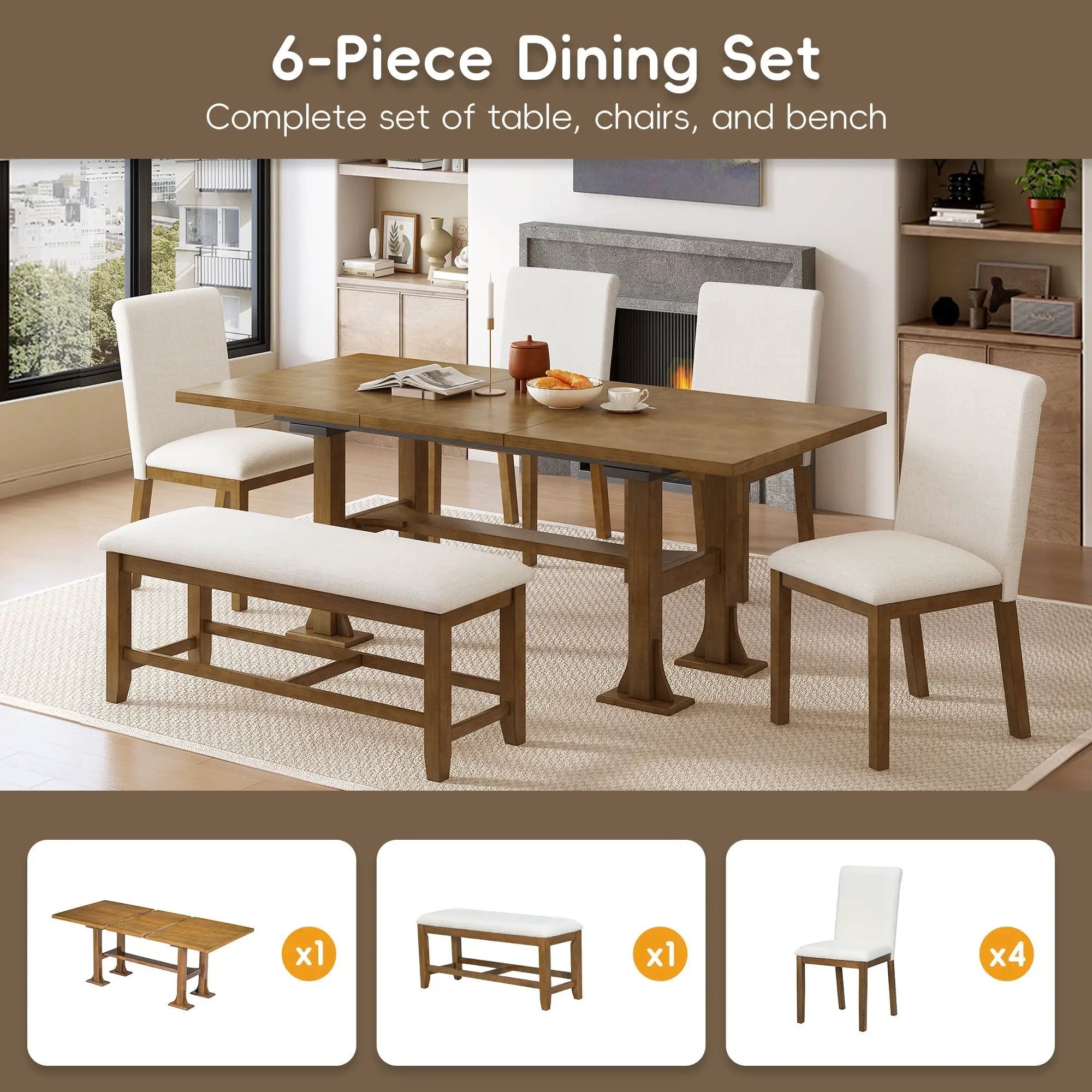 Topmax - 6 Piece Farmhouse Extendable Dining Table Set Trestle Kitchen Table Set With Removable Leaf And Upholstered Dining Chair And Bench For Dining Room by HouseOfZazla