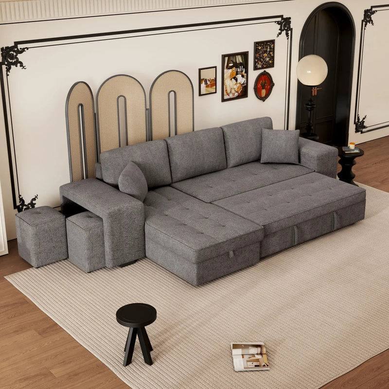 Modern L-Shape 3 Seat Reversible Sectional Couch, Pull Out Sleeper Sofa With Storage Chaise And 2 Stools For Living Room Furniture Set by Unique Piece Furniture