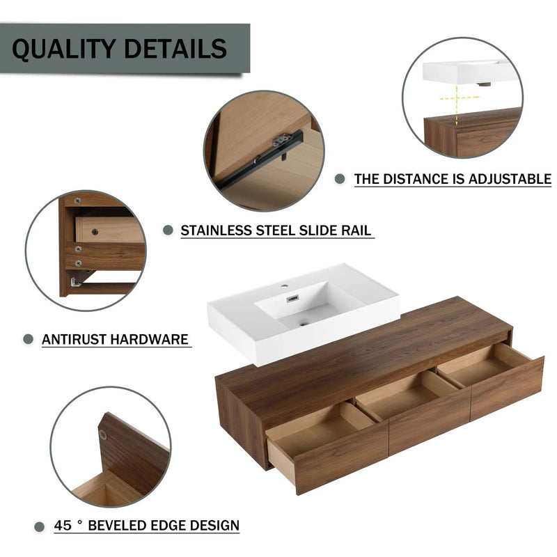 Wall Mounted Bathroom Vanity With Resin Sink And 2 Side Cabinet, 3 Soft Close Drawer - Brown Ebony by Unique Piece Furniture