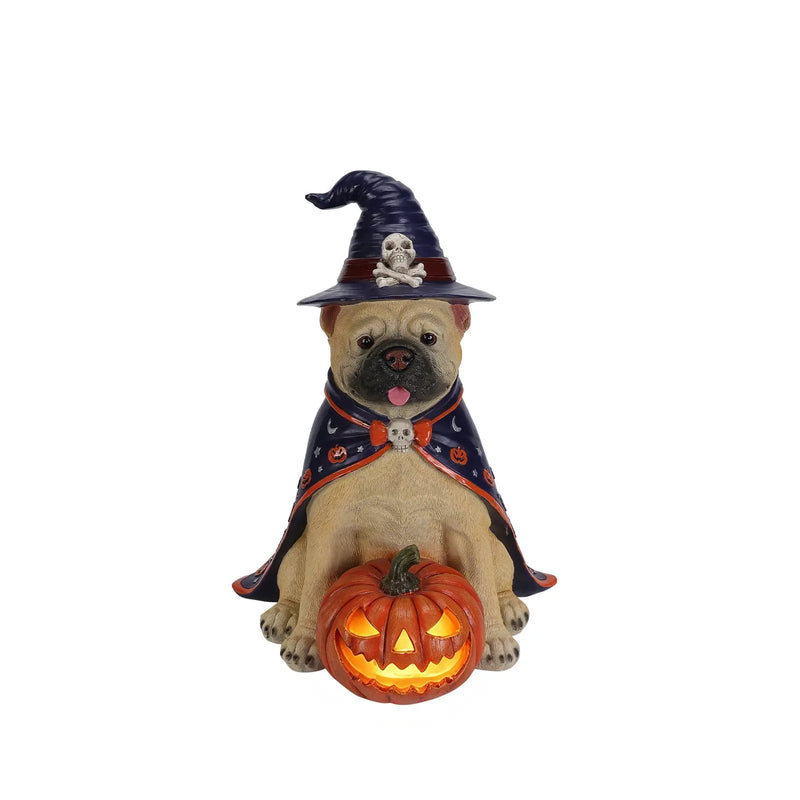 Halloween Bulldog Witch Statue, LED Light Up Jack-O-Lantern Pumpkin by HouseOfZazla