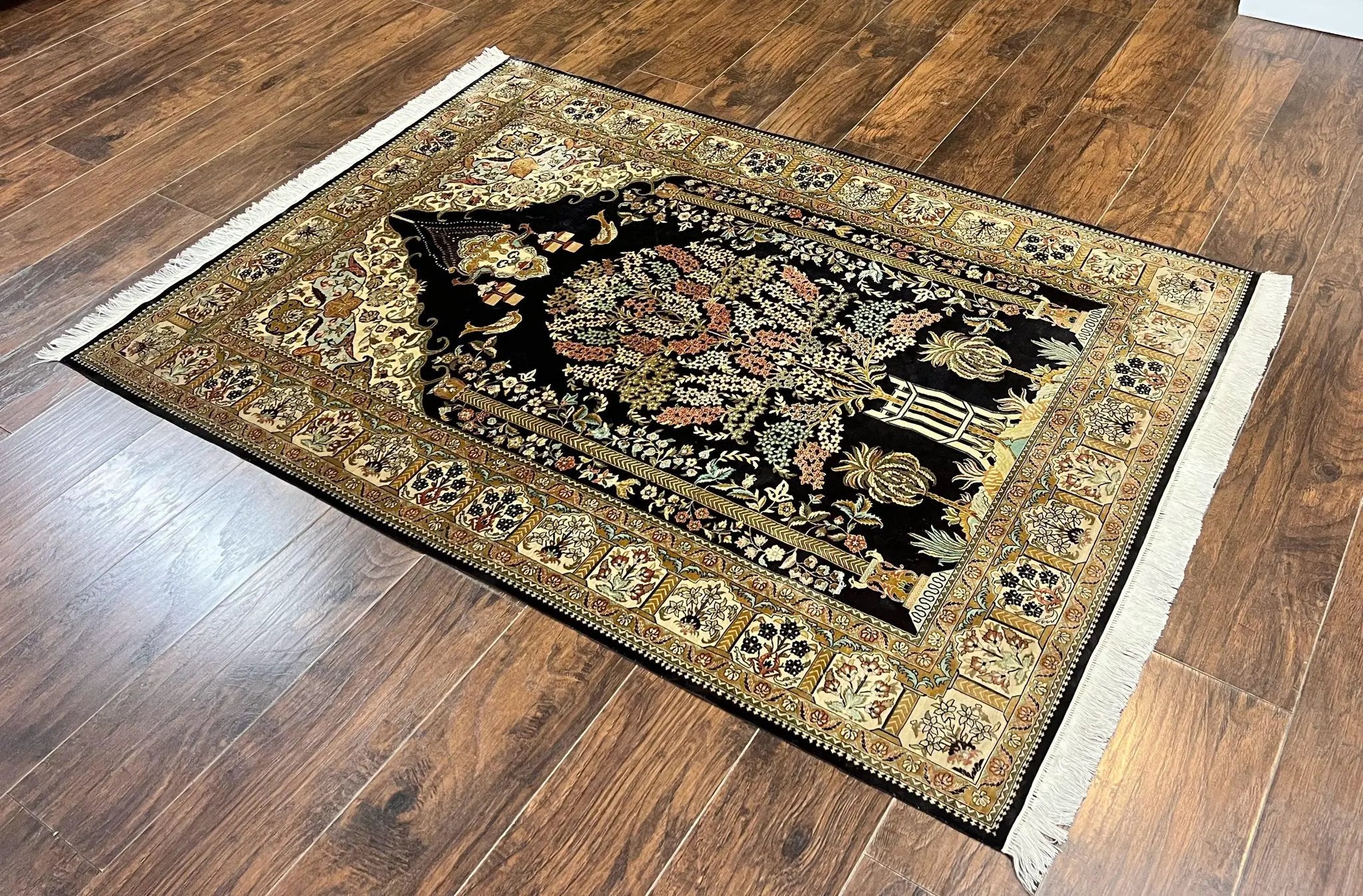 Wonderful Sino Persian Silk Rug 4x6, Tree of LIfe Design, Masterpiece 575 KPSI, Birds, Prayer Rug, Black, Silk on Silk by Jewel Rugs