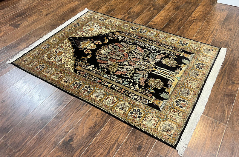 Wonderful Sino Persian Silk Rug 4x6, Tree of LIfe Design, Masterpiece 575 KPSI, Birds, Prayer Rug, Black, Silk on Silk by Jewel Rugs