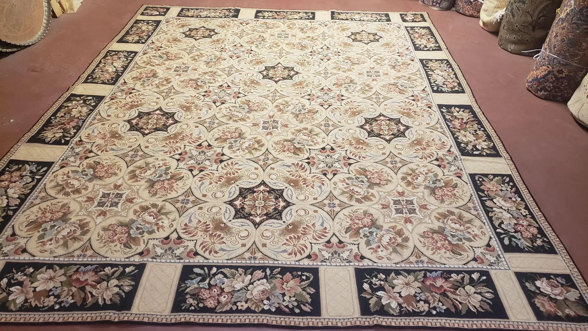 Needlepoint Rug 8x10ft Allover European Design Flowers 100% Wool Hand Knotted Aubusson Area Rug Brand New Flatweave Needle Point Carpet Chic by Jewel Rugs