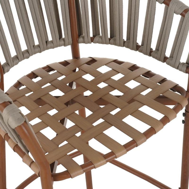 Lodi Outdoor Metal Rope Barstool, Teak Finished Frame and Beige Cushion, Set of 4 by HouseOfZazla