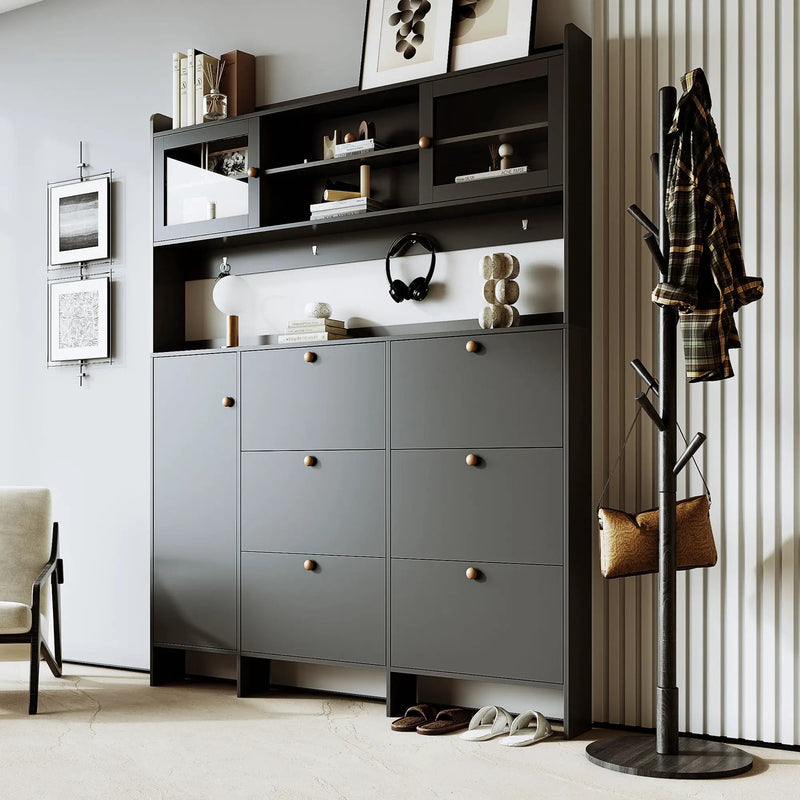 On Trend Multifunctional Tipping Bucket Shoe Cabinet With Storage Shelf & 6 Flip Drawers by Unique Piece Furniture