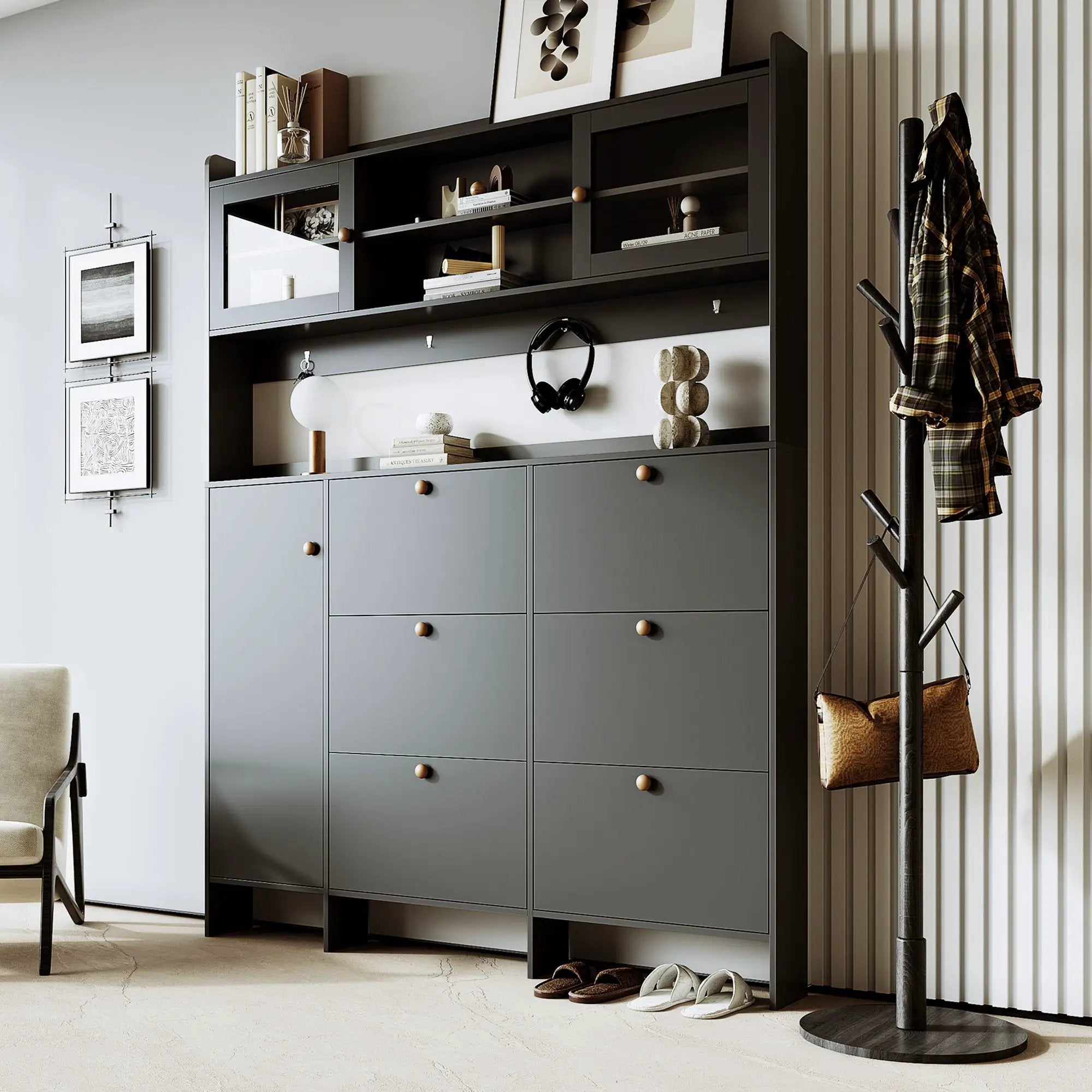 On Trend Multifunctional Tipping Bucket Shoe Cabinet With Storage Shelf & 6 Flip Drawers by HouseOfZazla