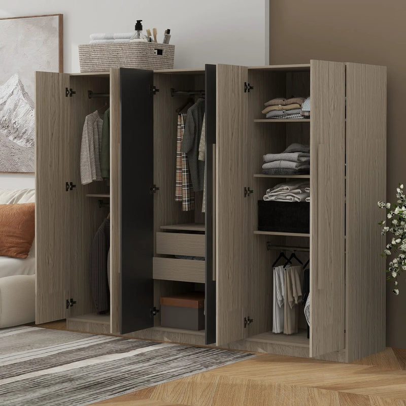 6 Doors Wardrobe Storage For Bedroom, With 2 Drawers Inside - Black / Nature by Unique Piece Furniture