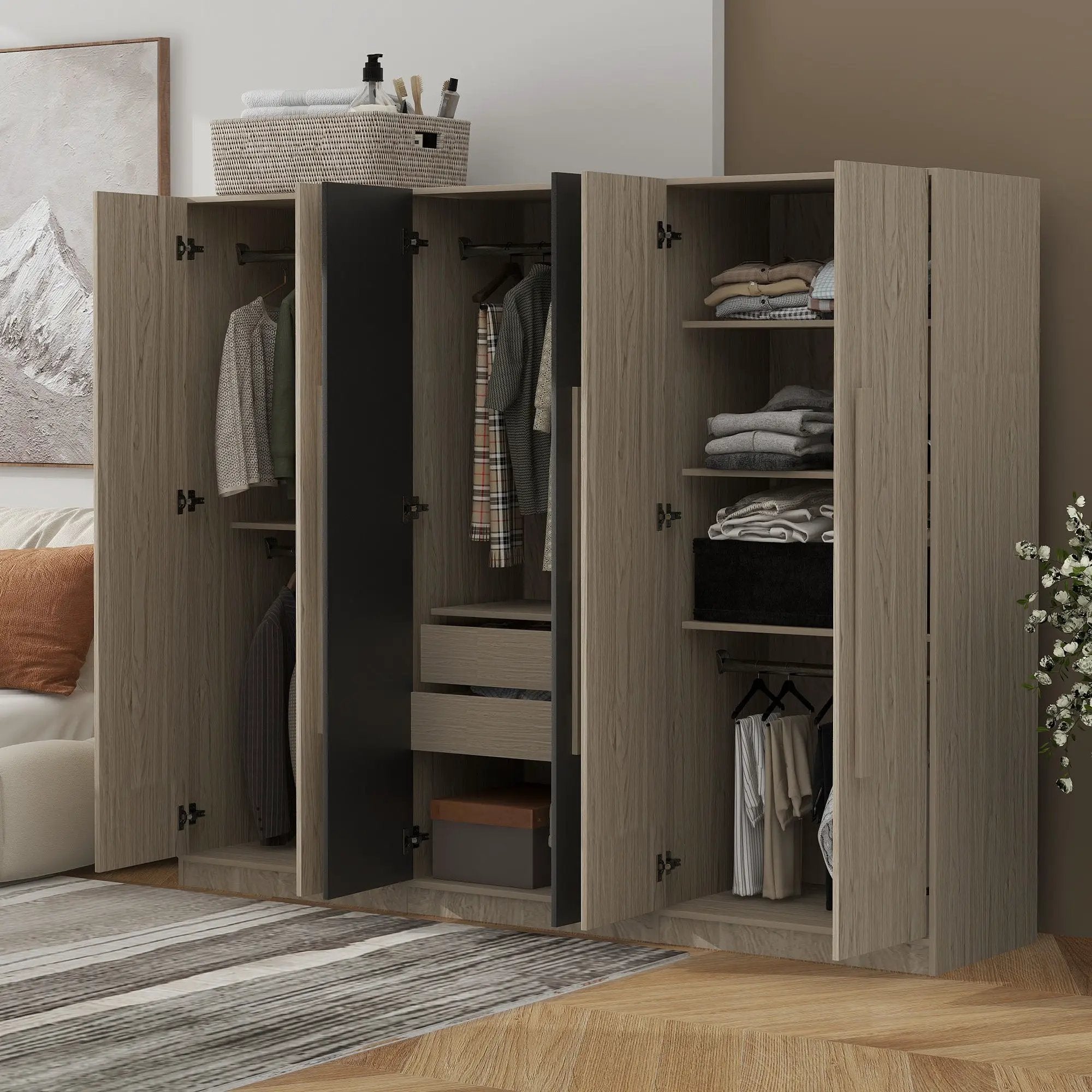 6 Doors Wardrobe Storage For Bedroom, With 2 Drawers Inside - Black / Nature by HouseOfZazla