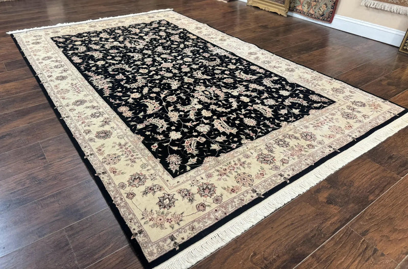 Sino Persian Rug 6x9, Black and Ivory, Wool and Silk Highlights, Handmade by Jewel Rugs