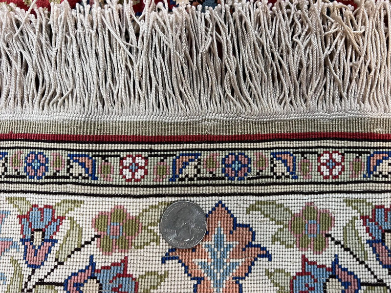 Silk Turkish Kayseri Rug 2x3, Small All Silk Turkish Carpet, Red and Light Blue, Very Fine Hand Knotted Semi Antique Vintage Handmade Rug by Jewel Rugs