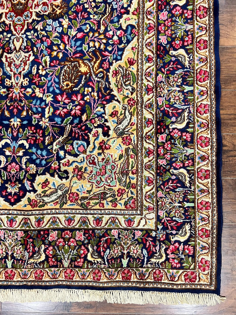 Persian Kirman Rug 6x9, Floral Medallion Vintage Wool Handmade Carpet 6 x 9, Animal Pictorials Birds, Semi Antique, Navy Blue, Millefleur by Jewel Rugs
