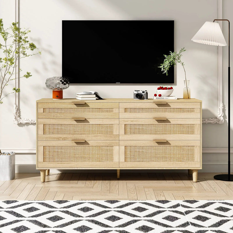 Rattan Dresser With 6 Drawers, Legs & Handles, Storage Cabinet - Natural by HouseOfZazla