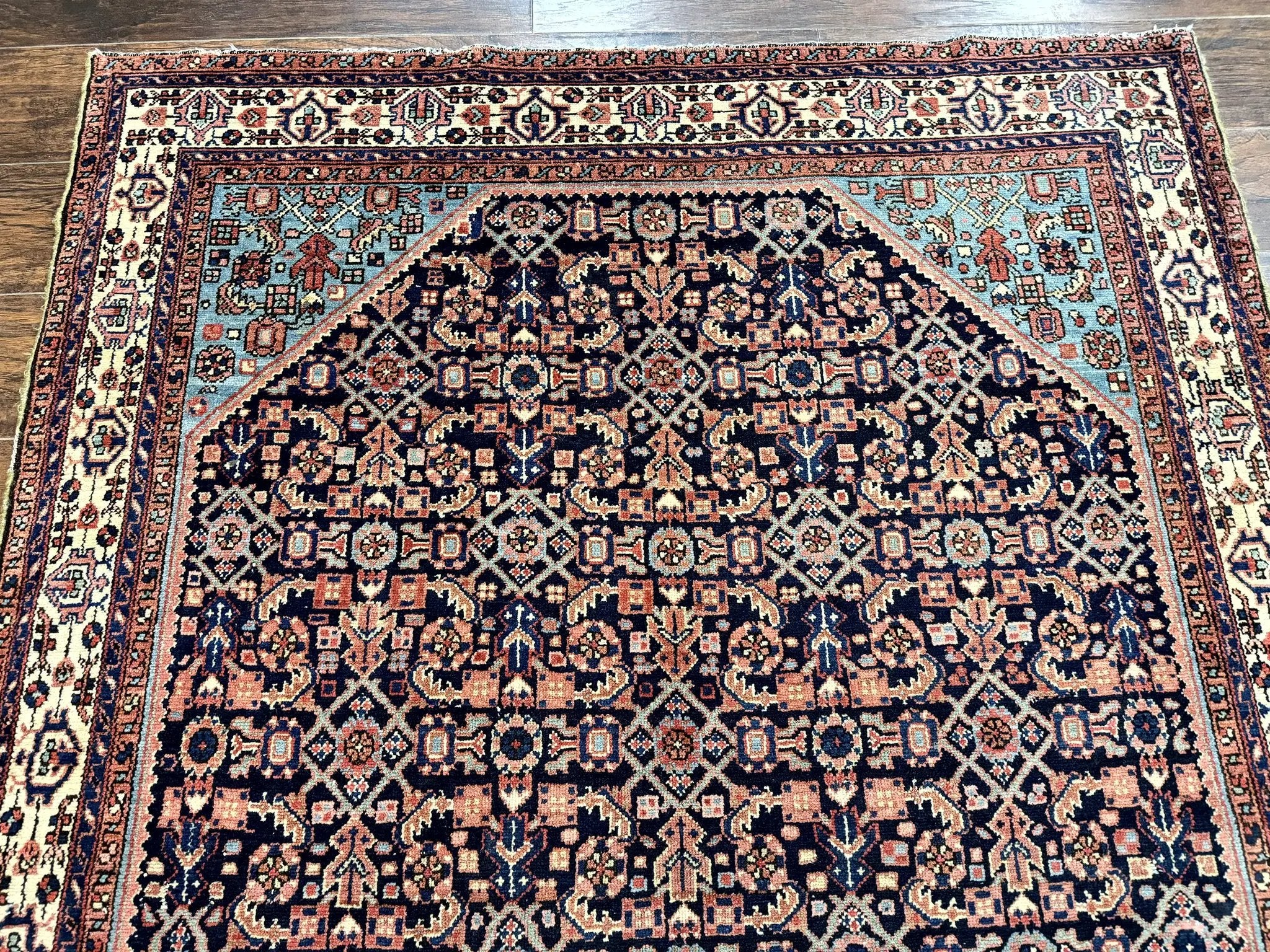 Antique Persian Rug 5 x 6.7, Navy Blue & Ivory, Handmade Persian Wool Carpet, Hamadan Angelas Rug by Jewel Rugs