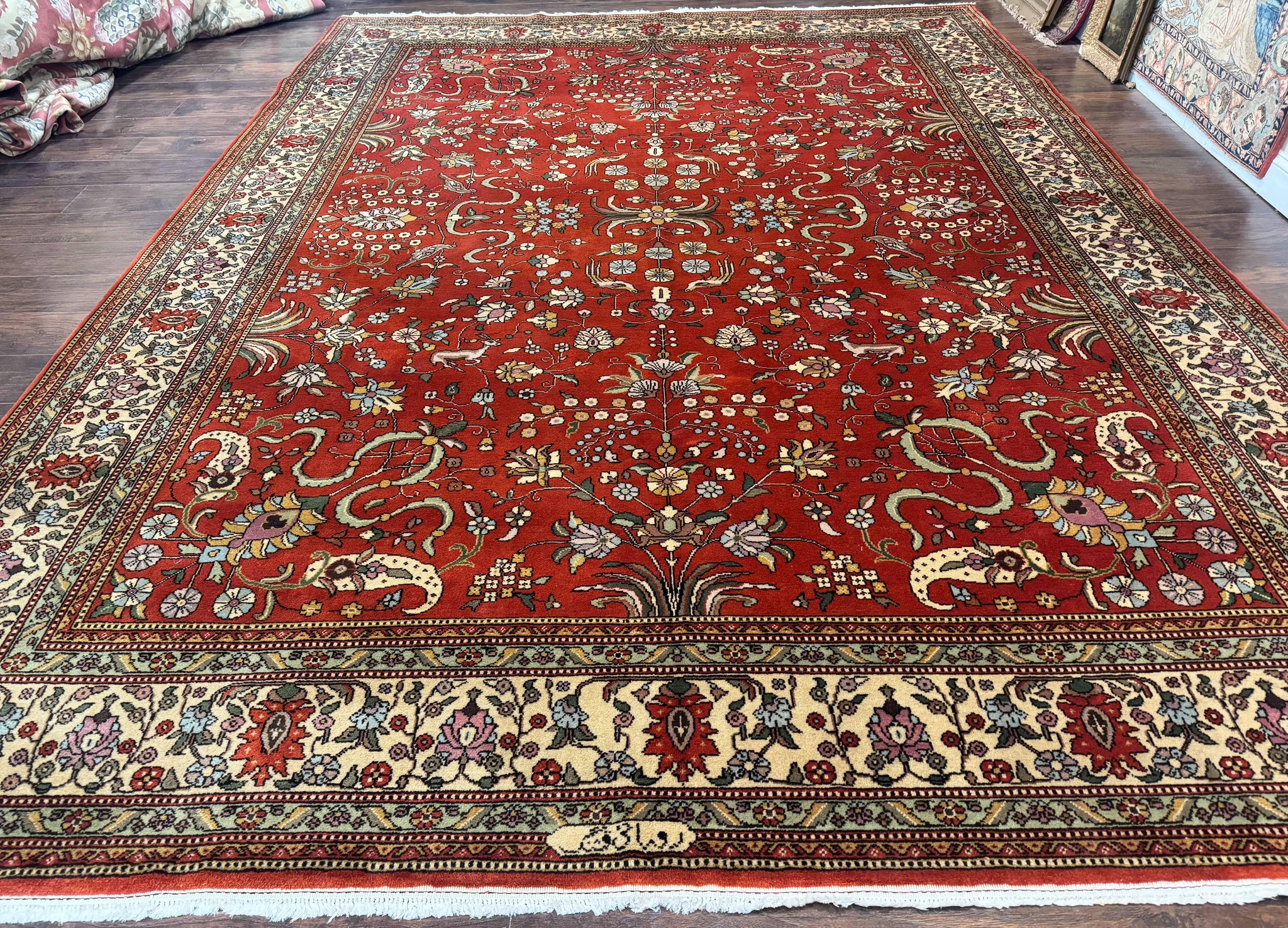 Romanian Rug 10x13, Vintage Handmade Wool Carpet, Floral Pattern, Birds, Red and Cream, Signed By Masterweaver, Persian Rug by Jewel Rugs