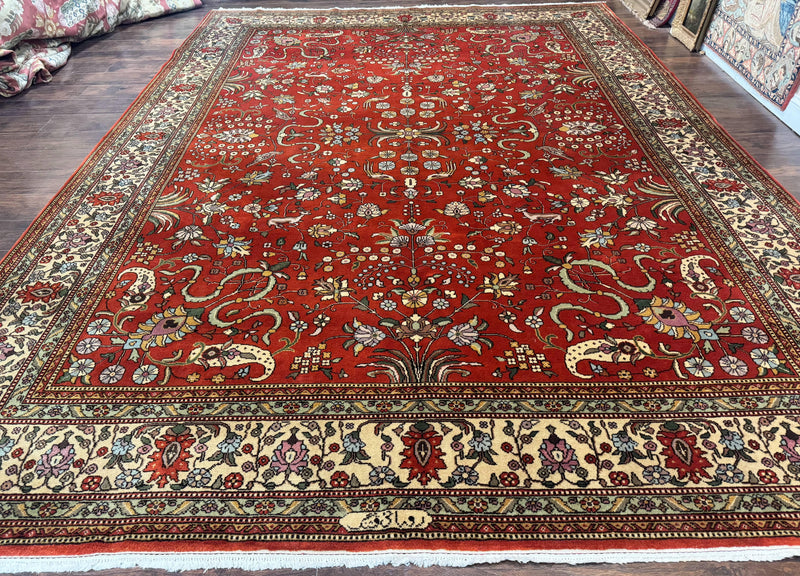 Romanian Rug 10x13, Vintage Handmade Wool Carpet, Floral Pattern, Birds, Red and Cream, Signed By Masterweaver, Persian Rug by Jewel Rugs
