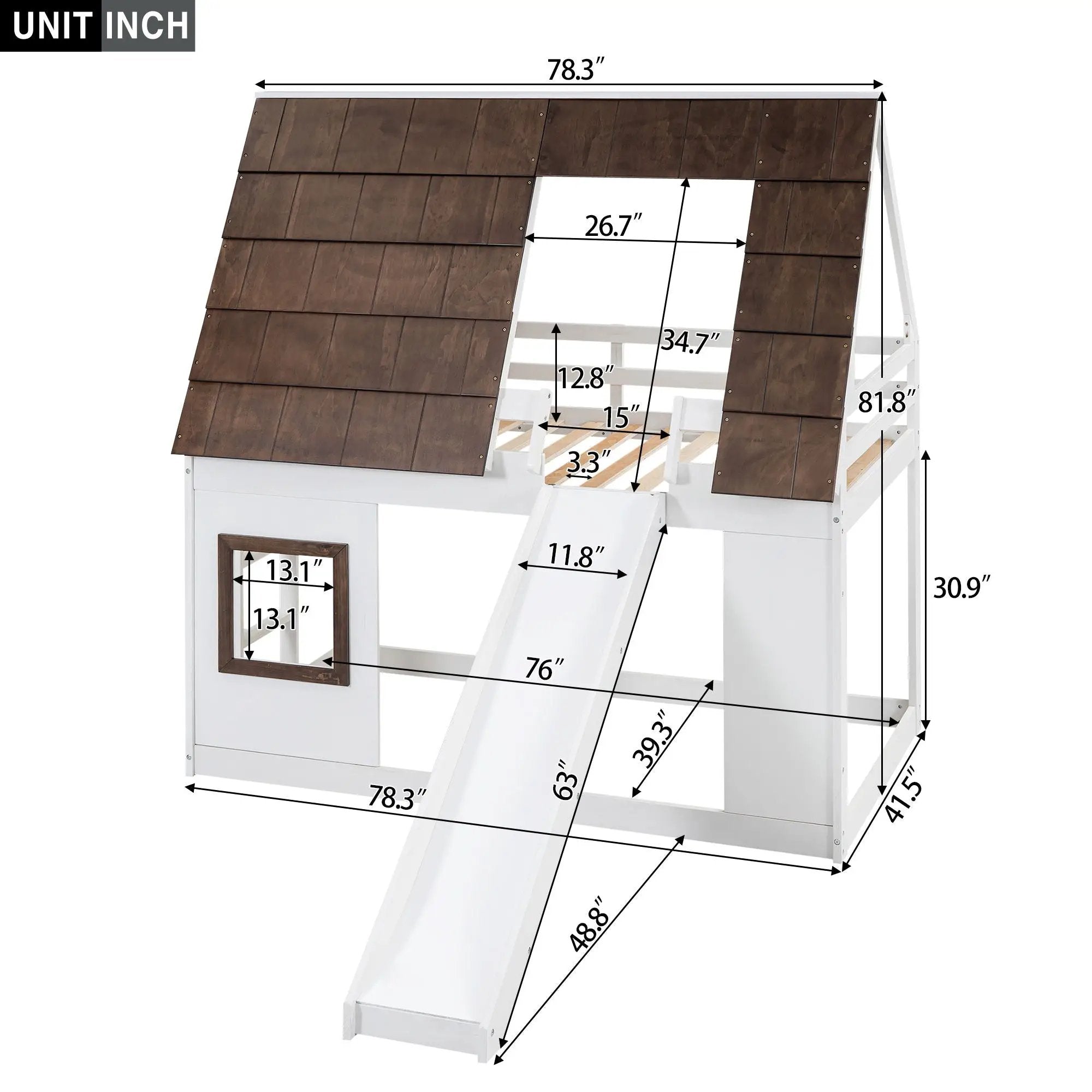 Wood Twin Size House Bunk Bed With Roof, Ladder And Slide - White / Brown by Unique Piece Furniture