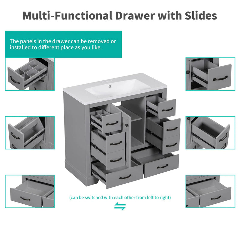36" Bathroom Vanity Without Sink, Cabinet Base Only, 6 Drawers, Multi Functional Drawer Divider, Adjustable Shelf - Gray