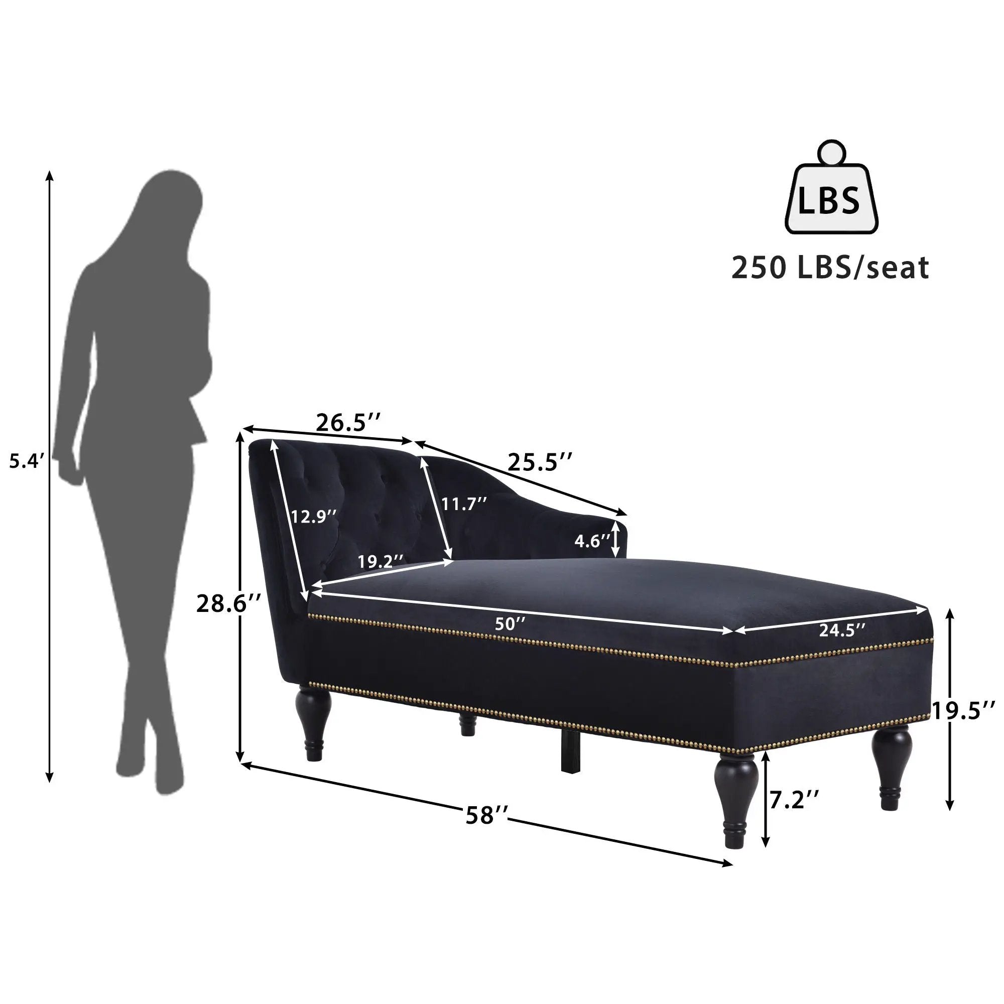 Velvet Chaise Lounge, Button Tufted Right Arm Facing Lounge Chair With Nailhead Trim For Living Room - Black by HouseOfZazla