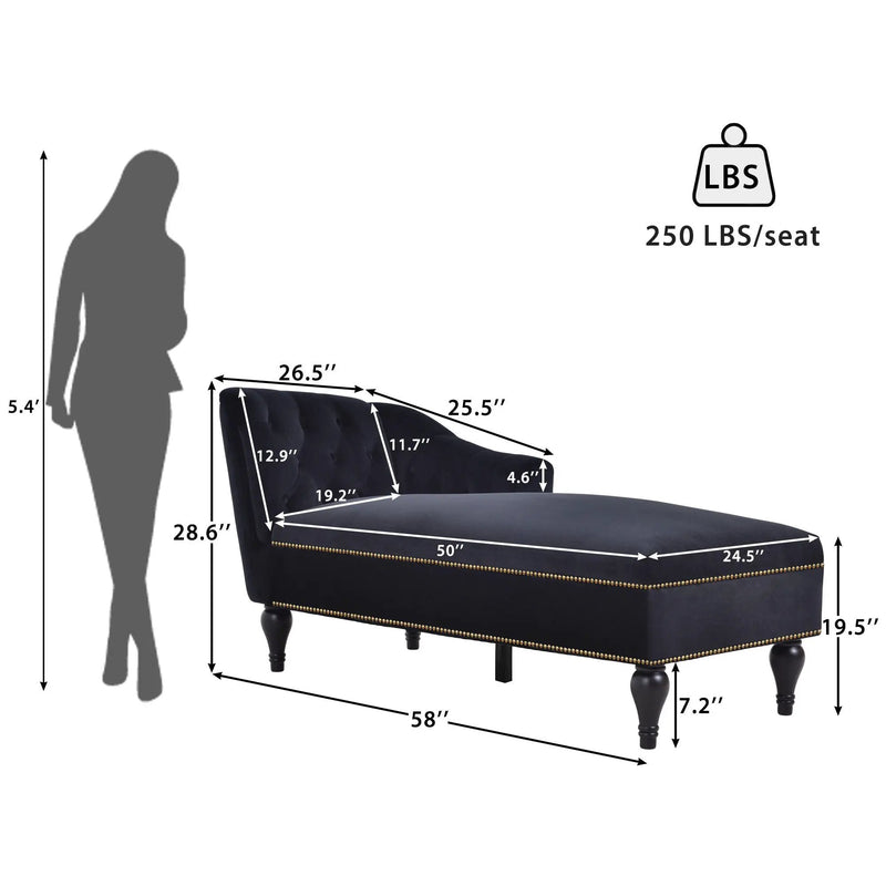 Velvet Chaise Lounge, Button Tufted Right Arm Facing Lounge Chair With Nailhead Trim For Living Room - Black by HouseOfZazla