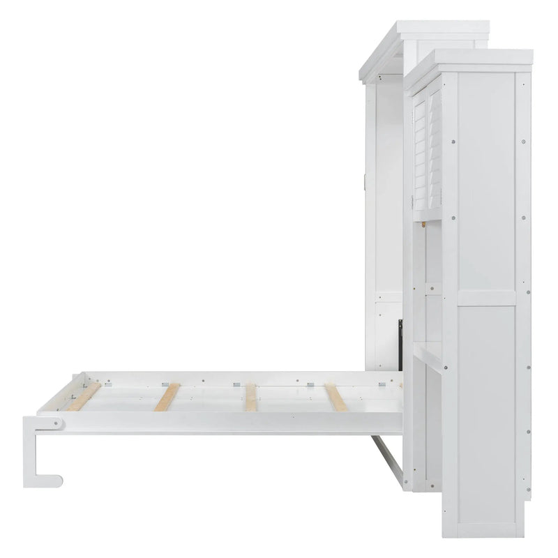 Queen Size Murphy Bed With Louvered Design And Multiple Storage Shelves - White by HouseOfZazla