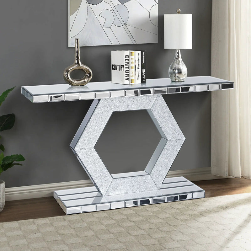 Sparkling Crystal Hexagon Mirror Entryway Premium Modern Foyer Console Table With Diamond Glass Effects, Dual Tier Luxury Sofa Table - Silver by HouseOfZazla