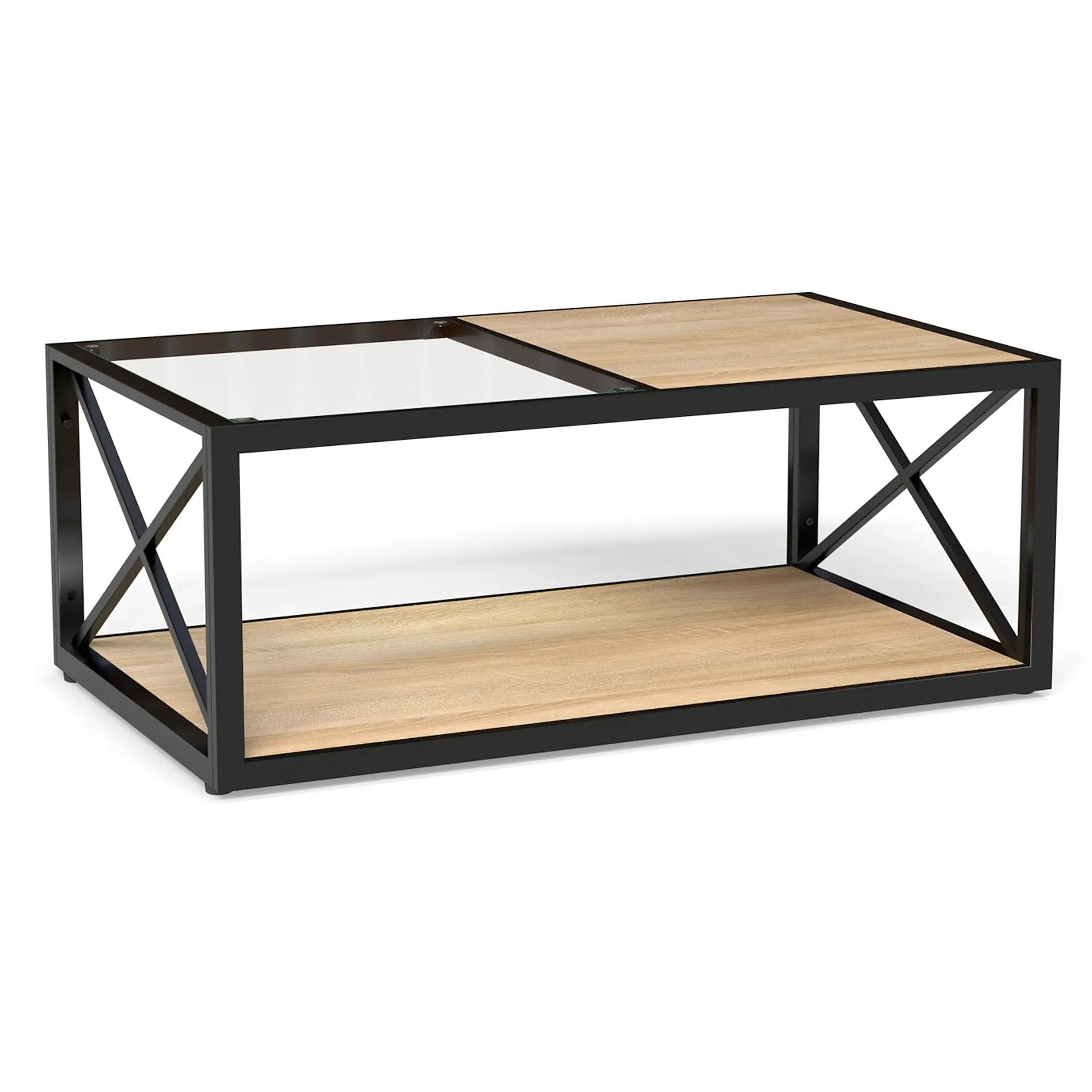 Modern Coffee Table with Tempered Glass and Natural Wood MDF Top by HouseOfZazla