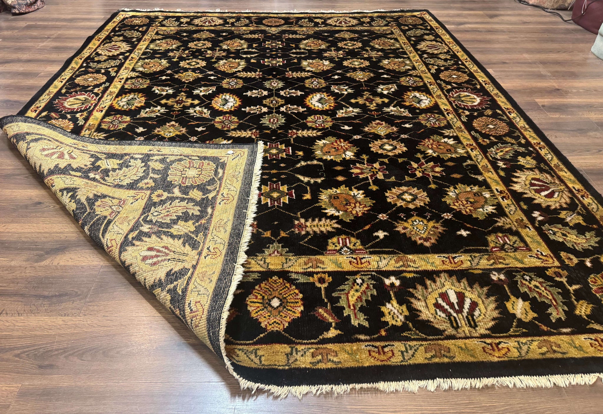 Indo Persian Mahal Rug 8x10, Black and Gold, Wool Hand Knotted Oriental Carpet by Jewel Rugs