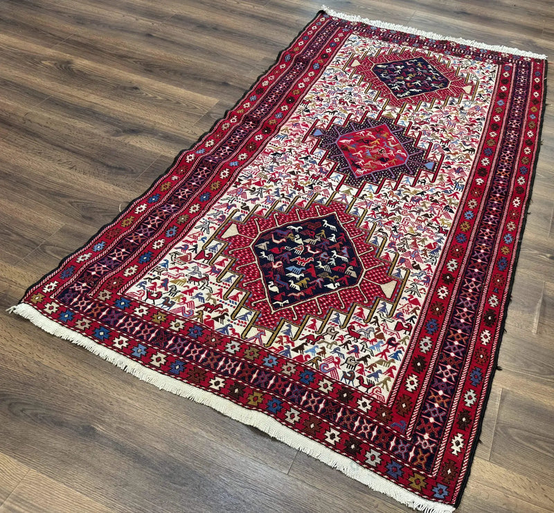 Persian Soumak Kilim Rug 4x6, Triple Medallions Tribal Pictorials, Caucasian Azerbaijani Kilim by Jewel Rugs