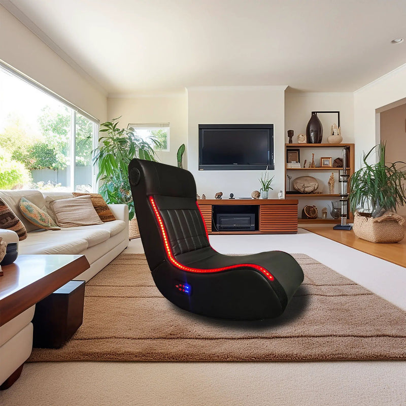 Foldable Gaming Chair With Onboard Speakers, LED Strip Lighting, Bluetooth, Vibration Massage, USB Charging Port - Black by Unique Piece Furniture