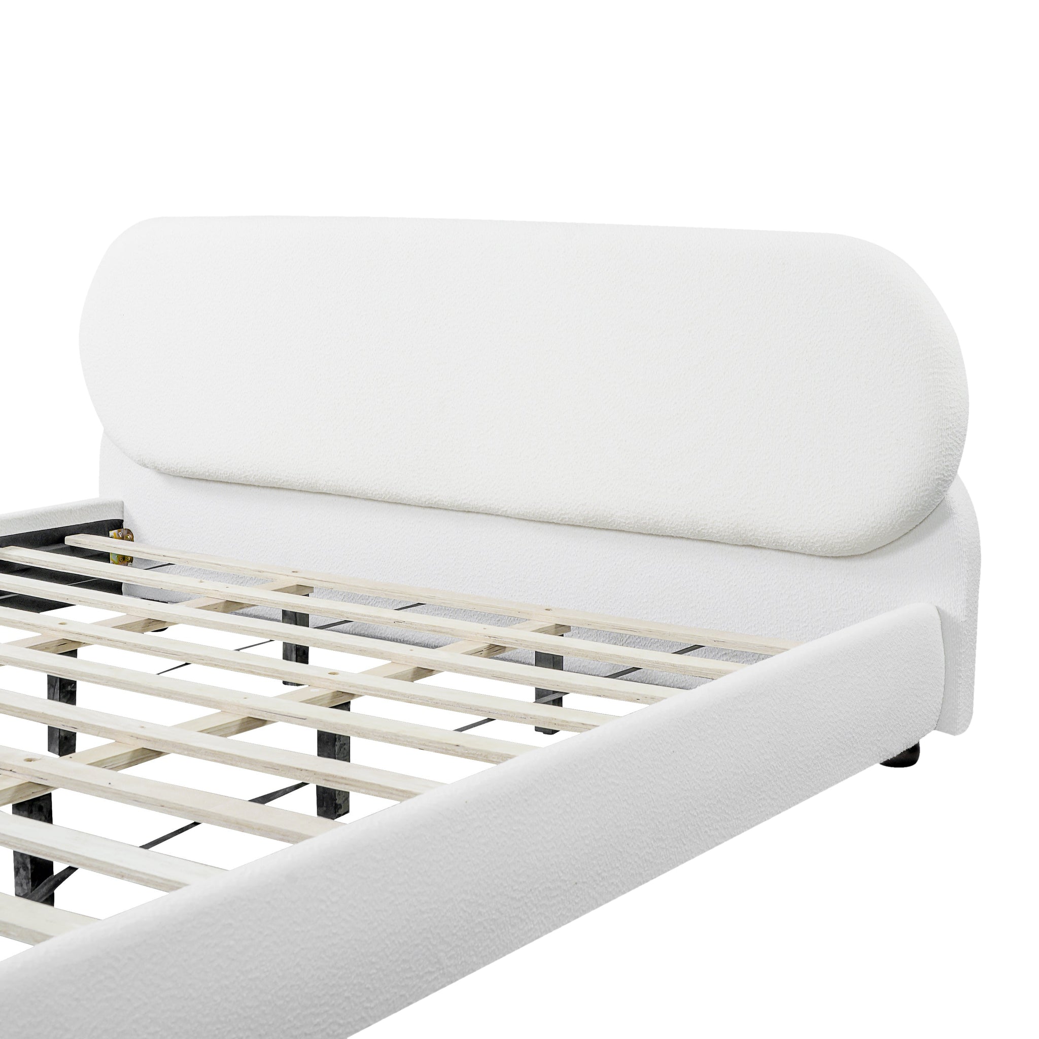 Cream-Colored Boucle Upholstered Bed with Rubber Wood Foot, King by HouseOfZazla