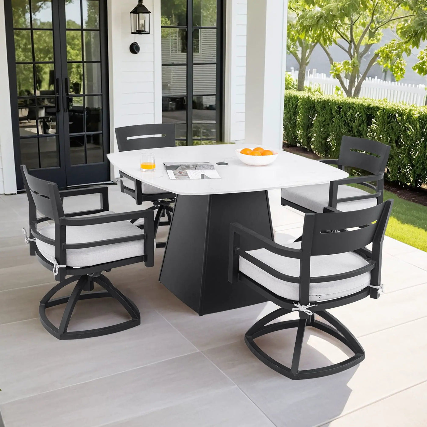 Outdoor Patio Dining Set, Squircle Dining Table, Dining Chairs With Sunbrella Cushions by HouseOfZazla