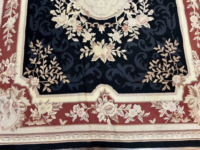 Needlepoint Rug 5x8, Wool Handmade Vintage European Design Carpet, Black & Maroon, French Aubusson Pattern Flatweave Rug by Jewel Rugs