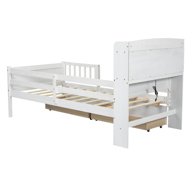 Platform Bed With LED Light, Multi Functional Headboard, Guardrail And 2 Drawers by HouseOfZazla