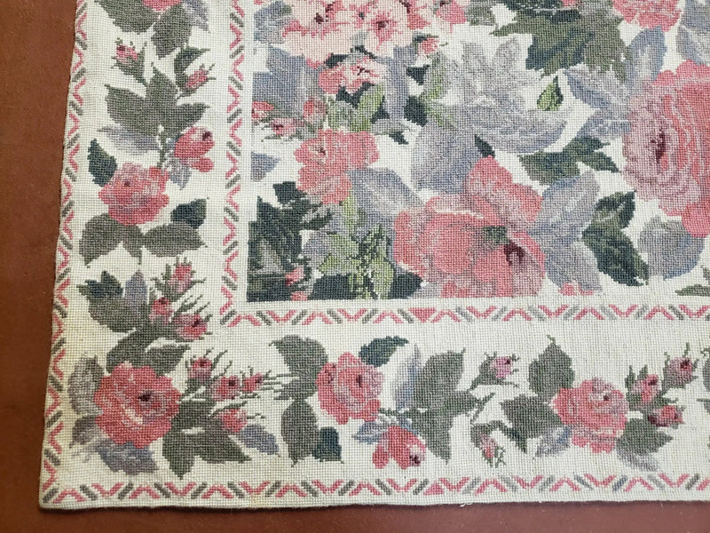 5x8 Needlepoint Rug 5' 4" x 8' 3" Wool Flat Weave Floral New Unused Carpet English Design Ivory Large Pink Flowers Green Leaves Hand-Knotted by Jewel Rugs
