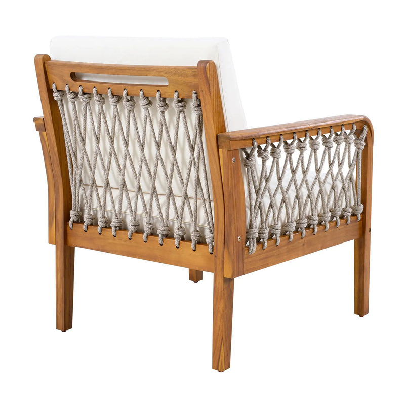 Outdoor Acacia Wood Club Chair with Handwoven Rope, Teak Finish by HouseOfZazla