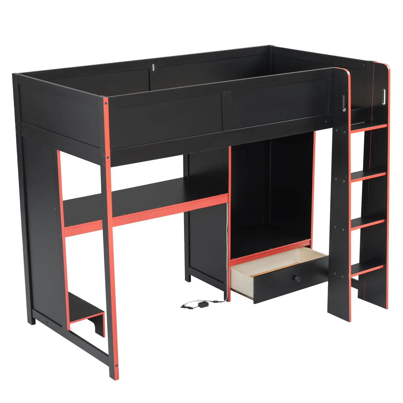 Gaming Loft Bed With Built In Desk, Wardrobe, LED Lighting And Drawer by HouseOfZazla