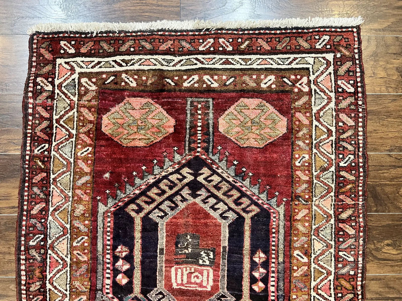Persian Heriz Runner Rug 3.8 x 8.6, Geometric Design, Large Triple Medallions, Hand Knotted Handmade Vintage Wool Hallway Rug, Red by Jewel Rugs