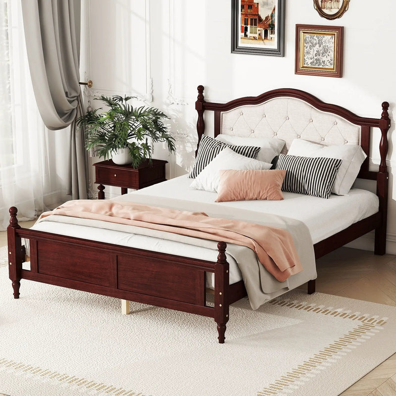 Pine Wooden Bed With Upholstered Headboard And Panel Footboard, With Two Bed Rail Support Feet And Central Platform Support Feet by HouseOfZazla