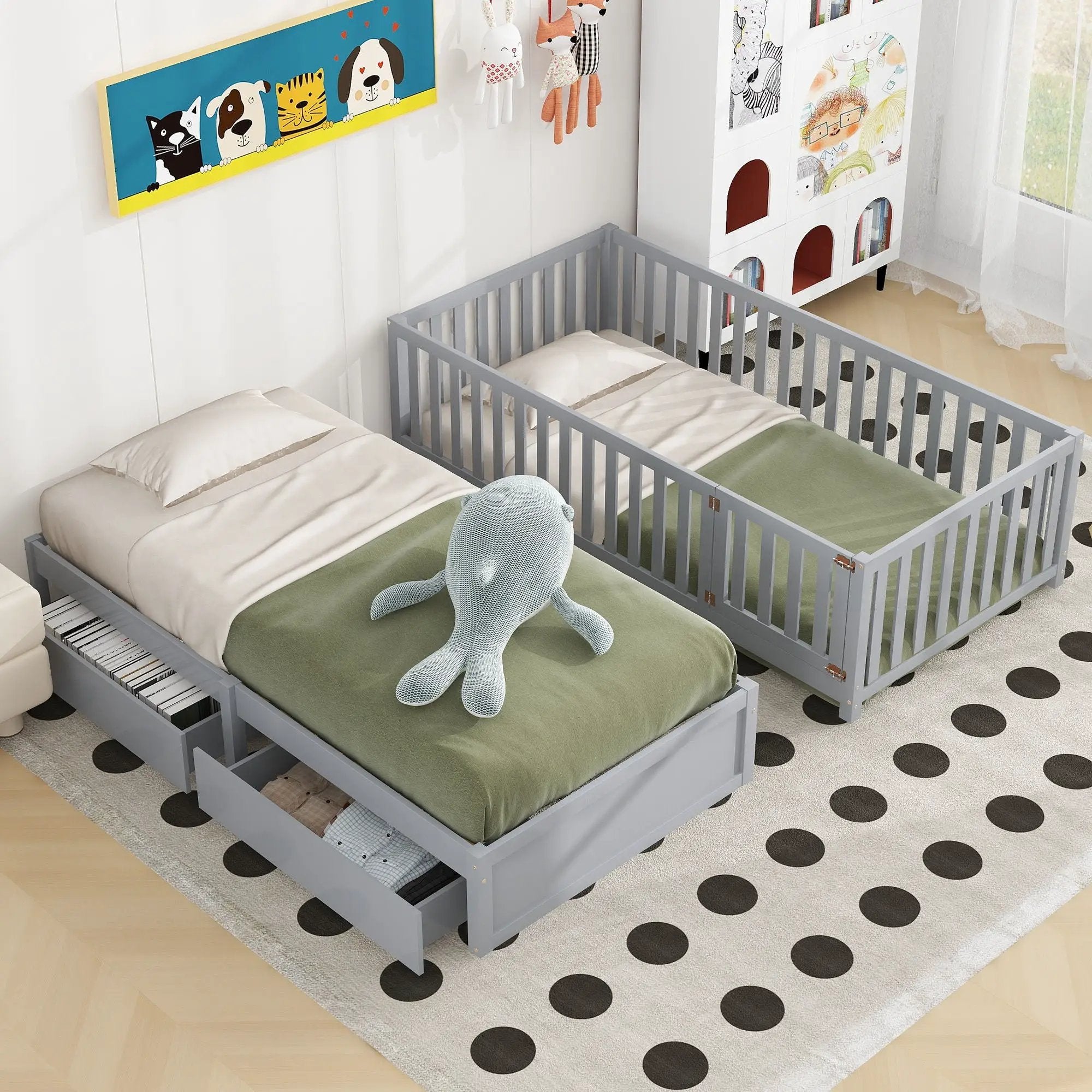 Daybed With Fence Guardrails And 2 Drawers, Split Into Independent Floor Bed & Daybed by HouseOfZazla