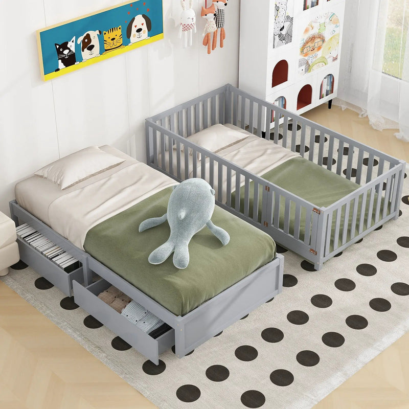 Daybed With Fence Guardrails And 2 Drawers, Split Into Independent Floor Bed & Daybed by HouseOfZazla