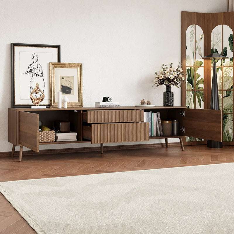 Fluted TV Stand With Storage Drawers And Cabinets For TVs Up To 80", Soft-Close Hinges, Cable Management - Walnut by HouseOfZazla